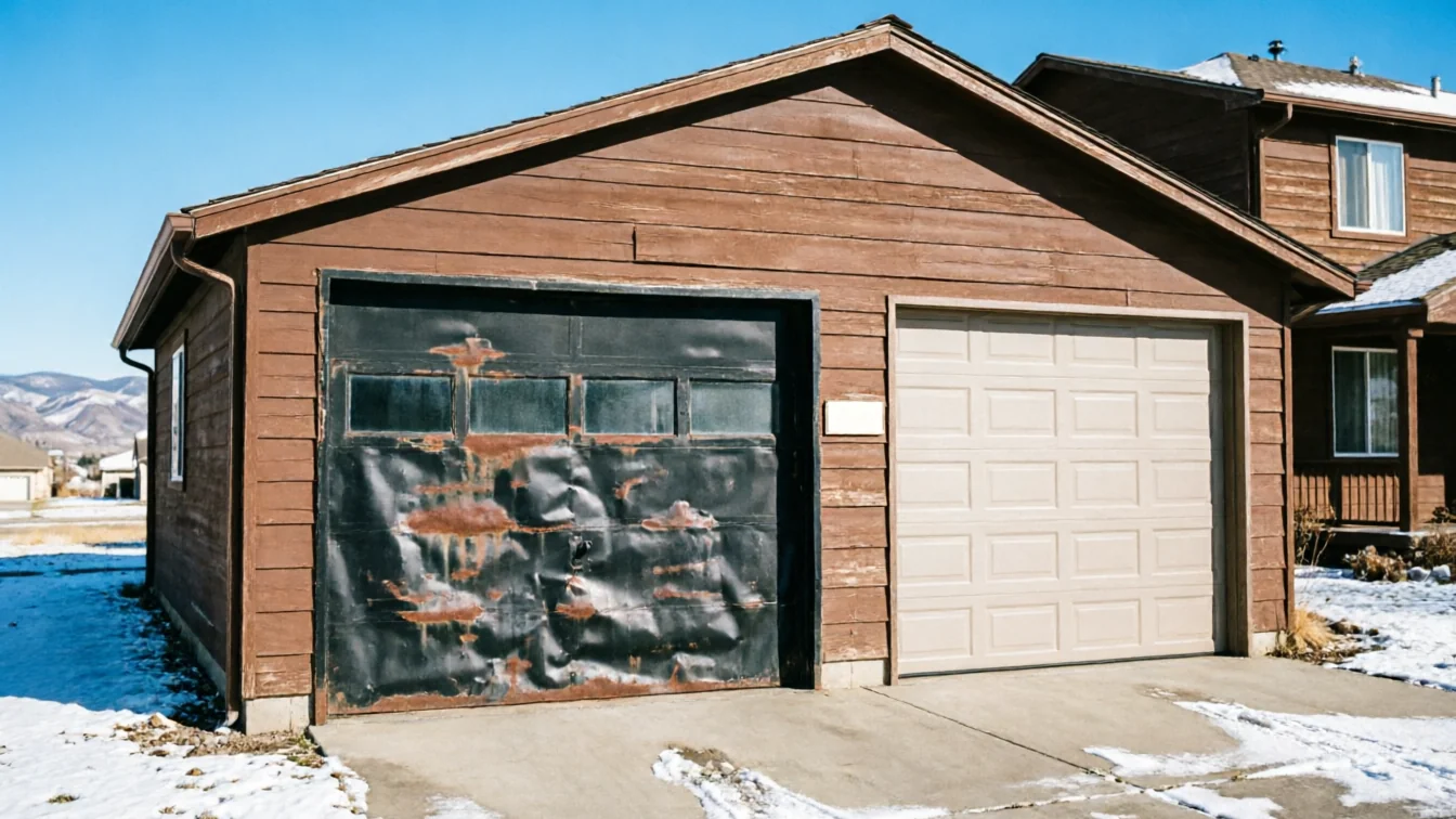 A brown garage has a damaged black door and a beige door.