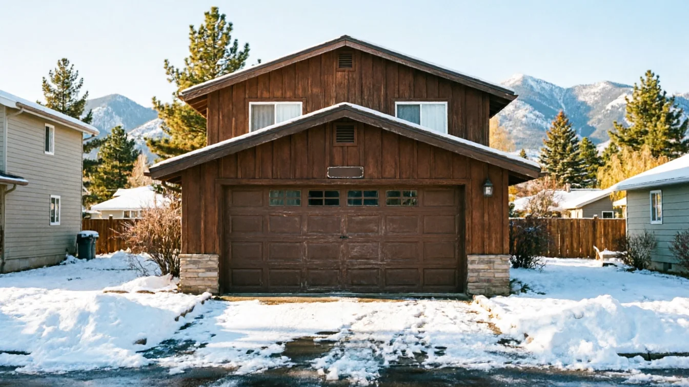 A brown garage door on a brown house with snow on the ground.
