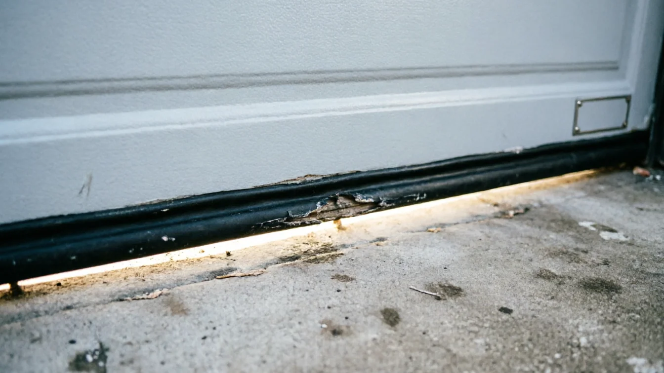 The bottom of a white garage door shows damaged weather stripping and wood rot.