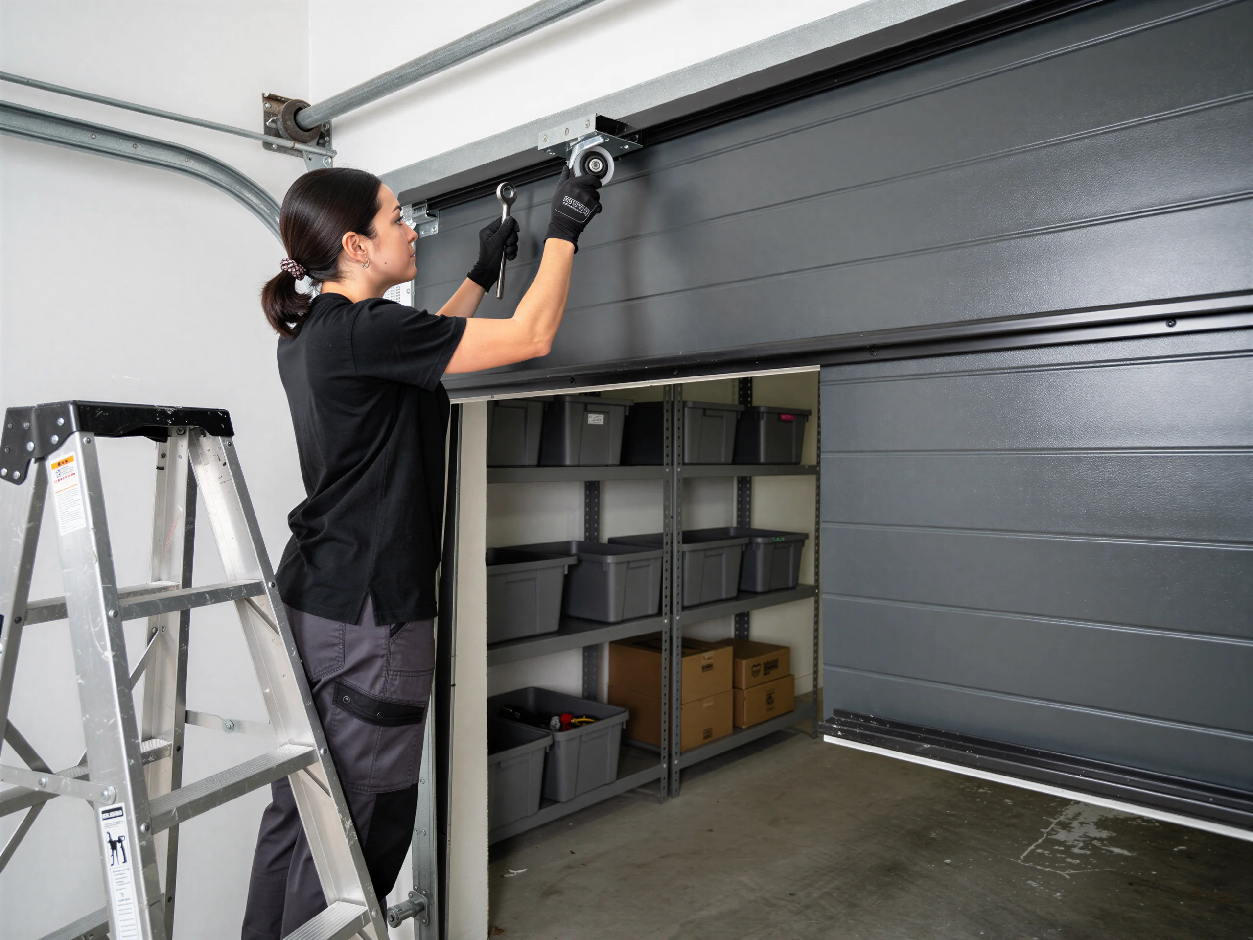 A technician on a ladder adjusts a gray garage door with a wrench.