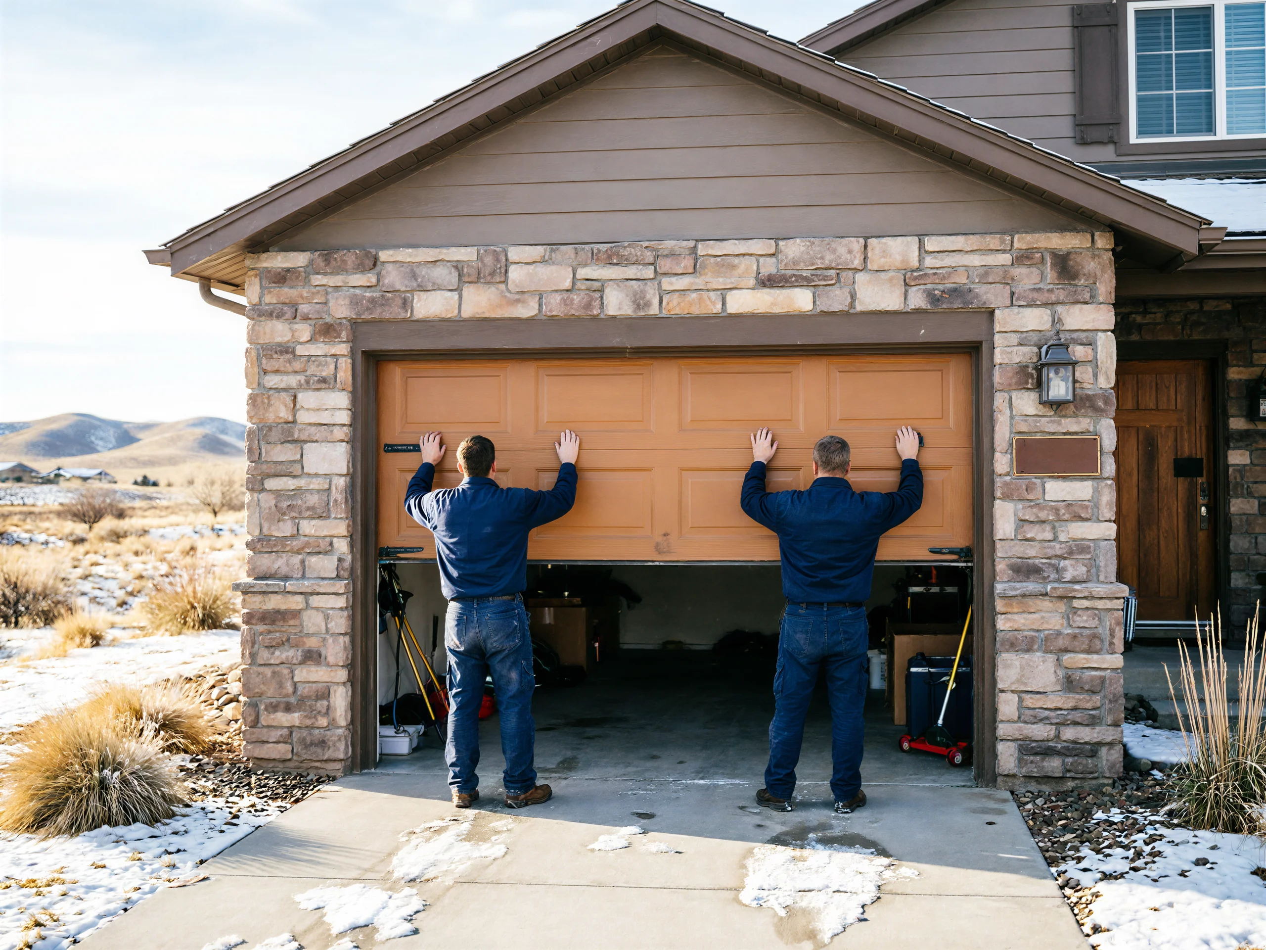 Two technicians push up a brown garage door on a stone house.