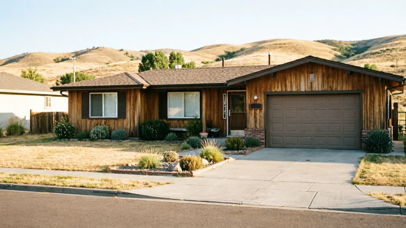 A brown garage door is on a house with wood siding and a brown roof.